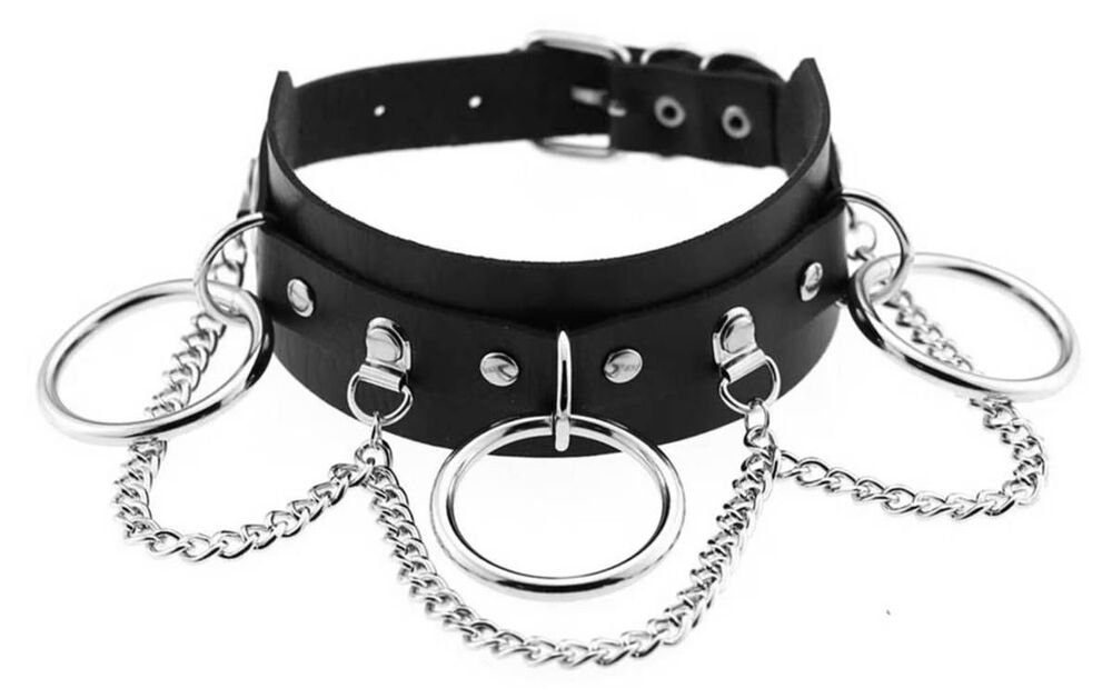 Trendy Goth Vegan Black Leather Silver Circle& Chains Rivet Choker Necklace
